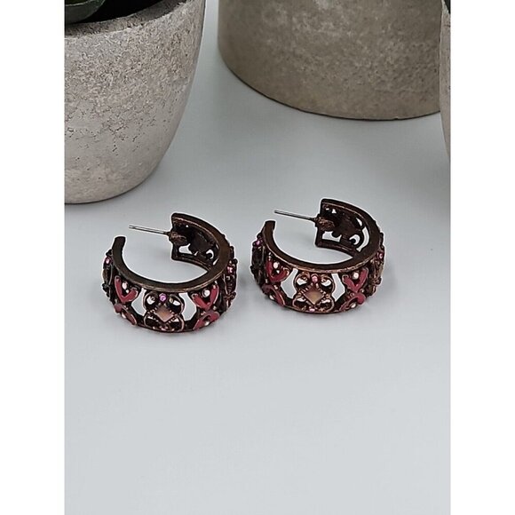 Vintage Copper Hoop Earrings Enamel Sparkle Post Back 1" Hoop 1/4" Wide - Picture 3 of 5